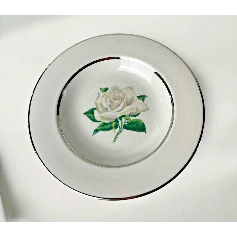 🇺🇸 Vintage Vogue Manchester White Rose Rimmed Soup Bowls Set of 8 Platinum Tri